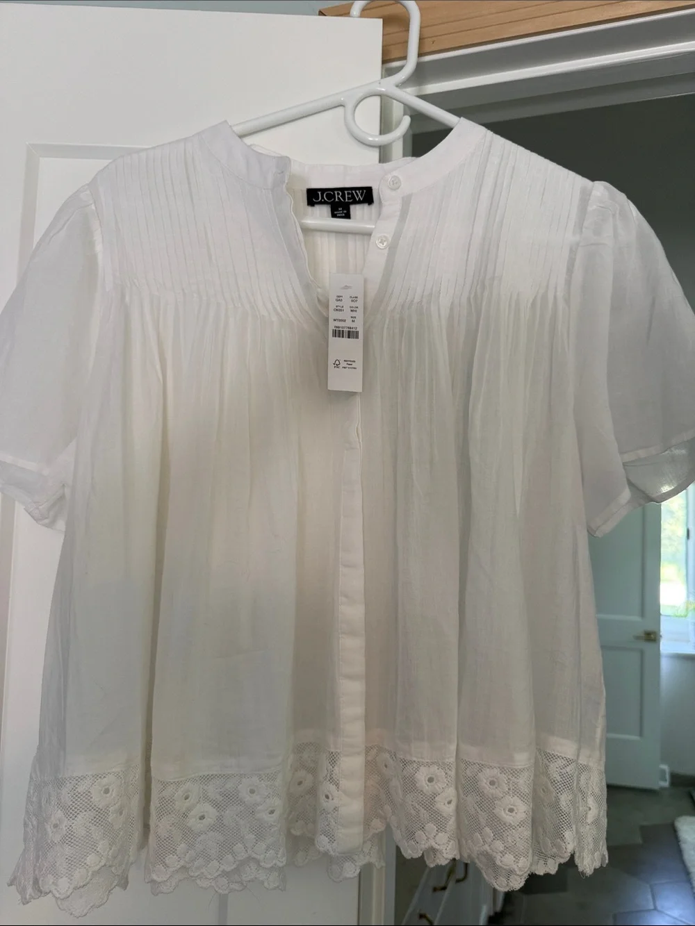 J. Crew White Cotton Pintuck & Eyelet Short Sleeve Blouse